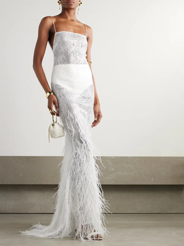 RETROFÊTE Odessa feather-trimmed sequined lace gown in White, photo 2 of 2 from NET-A-PORTER (Canada)