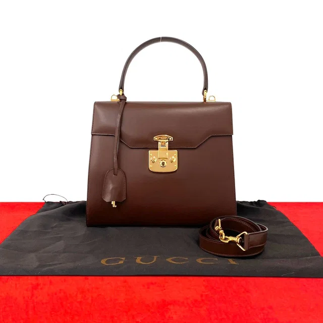Gucci Vintage Ladylock Logo Leather 2-Way Shoulder Bag Brown in Brown Leather from The Reluxe
