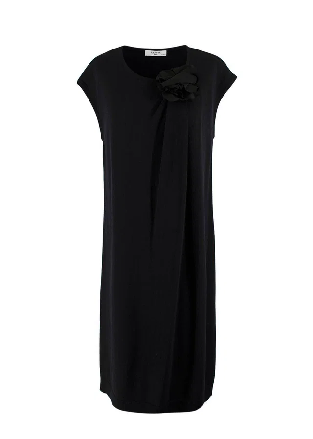 Lanvin Black Wool Knit Midi Dress with Floral Applique Detail in Black Wool from HEWI