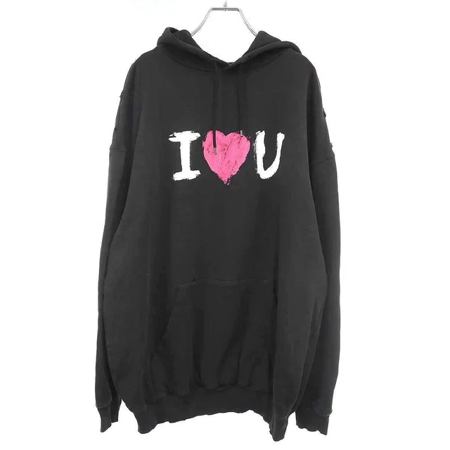 Balenciaga I Love Medium Fit Hoodie Distressed Black in Black from The Reluxe