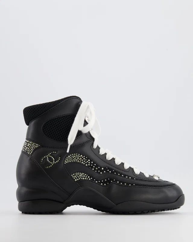 Chanel 23N Coco Neige Black Leather High-Top Sneakers with Crystal CC Logo Embellishments Size EU 39 in Black Leather from Sellier
