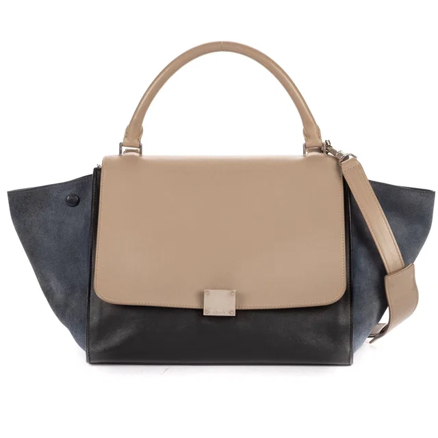 Celine Small Tricolor Trapeze Gray Black Blue Calfskin Leather Shoulder Bag in Black Calfskin from The Reluxe