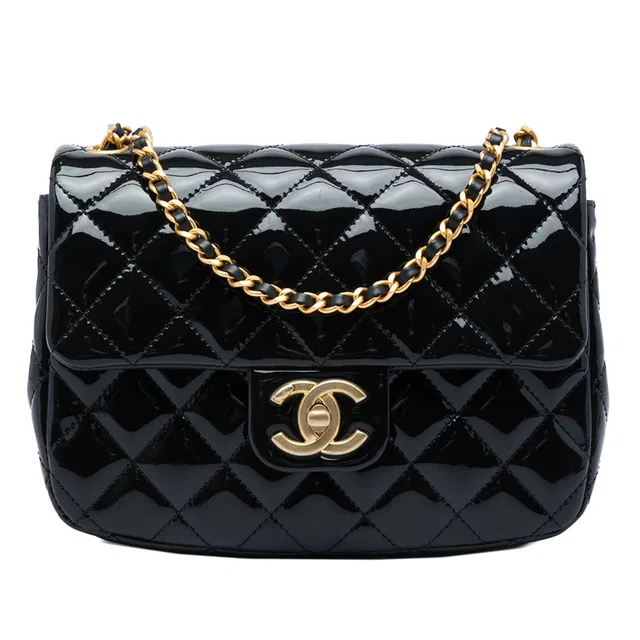 Black Chanel Mini Square Classic Patent Enamel Coco Hearts Single Flap Crossbody Bag in Black Patent leather from Designer Revival
