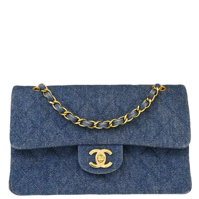 Chanel 1997-1999 Blue Denim Small Classic Double Flap Shoulder Bag in Blue Denim from AMORE Vintage Tokyo