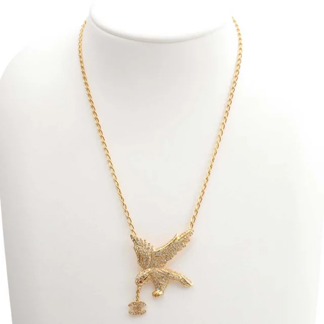 Chanel 2001 Vintage Rhinestone CC Mark Eagle Motif Necklace Gold in Gold from VINTAGE QOO TOKYO, photo 3 of 5