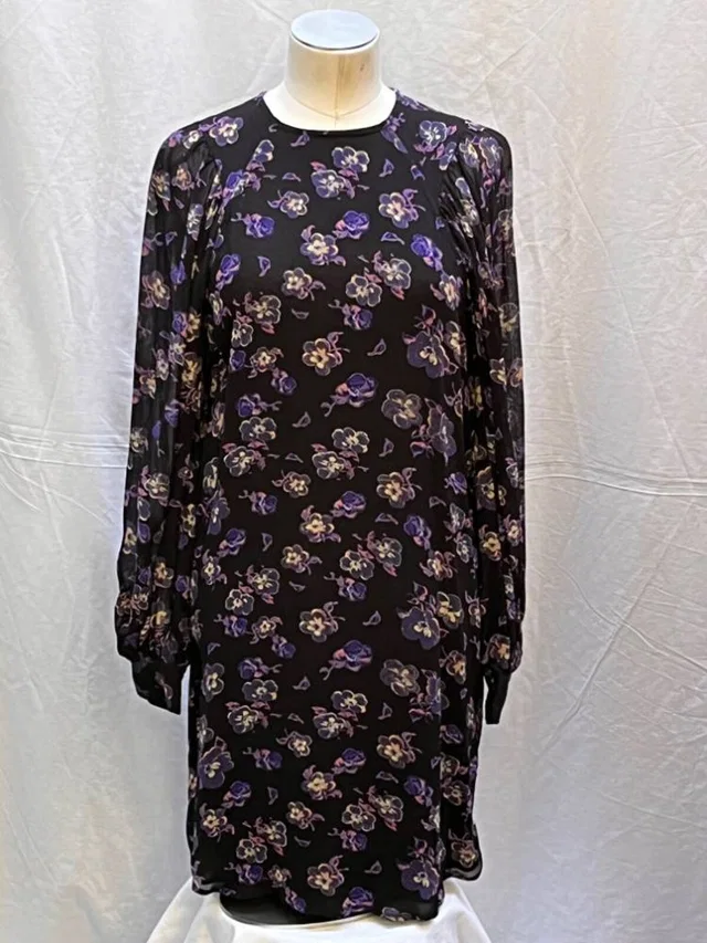 GANNI mini dress with sheer sleeves black/floral Size: XS in Multi-coloured Viscose from Oxfam Online Shop