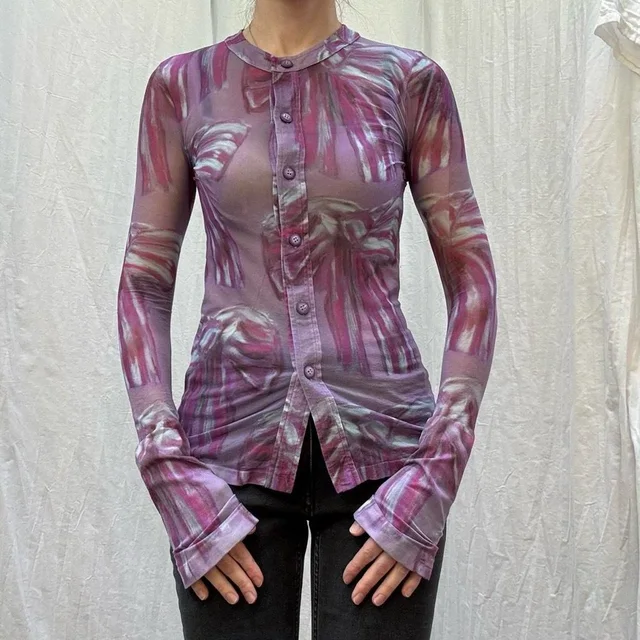 Acne Studios Purple And Blue Crepe Bow Print Button Down Top With Bell Sleeves in pink|purple from Poshmark