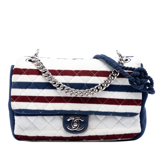 White Chanel Jumbo Stripe Jersey Felt and Rope Flap Satchel in White from Designer Revival