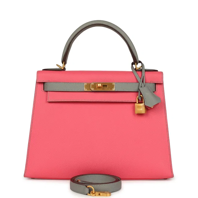 Hermès Special Order (HSS) Kelly Sellier 28 Rose Azalee, Gris Mouette Epsom Brushed Gold Hardware in Pink Epsom leather from Madison Avenue Couture