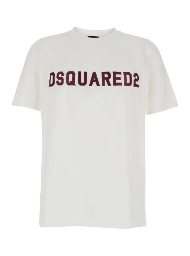 Dsquared2 White Crew Neck T-shirt with logo lettering on the front in cotton for men in White 100% Cotton, image 1 of 1 from Gaudenzi Boutique