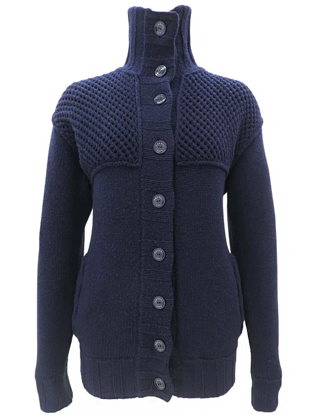 Chanel Logo Button High Neck Cardigan #36 Navy in Navy Wool from VINTAGE QOO TOKYO