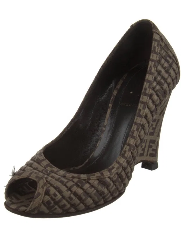 Fendi Brown Patterned Peep-Toe Women’s Heel in brown|red Woven leather from Poshmark