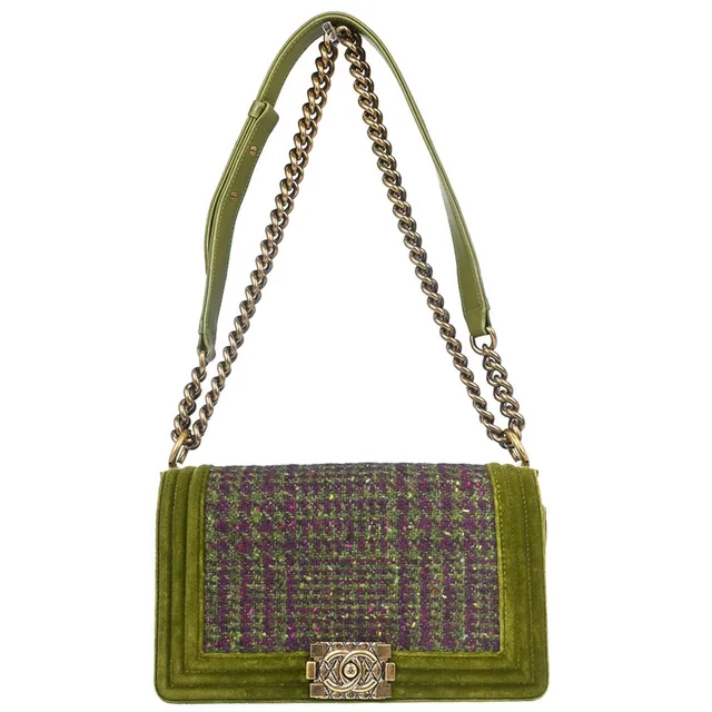Boy Chanel 2013-2014 Green Velvet Tweed Medium Shoulder Bag in Green Tweed from AMORE Vintage Tokyo