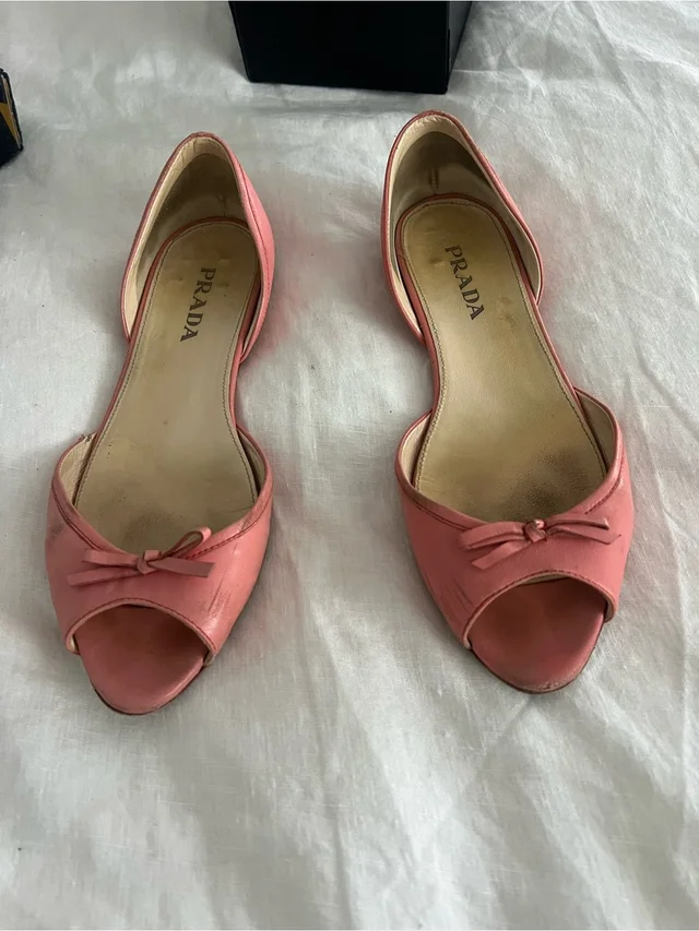 Prada Coral Pink Open-Toe Ballet Flats With Bow in pink Leather from Poshmark