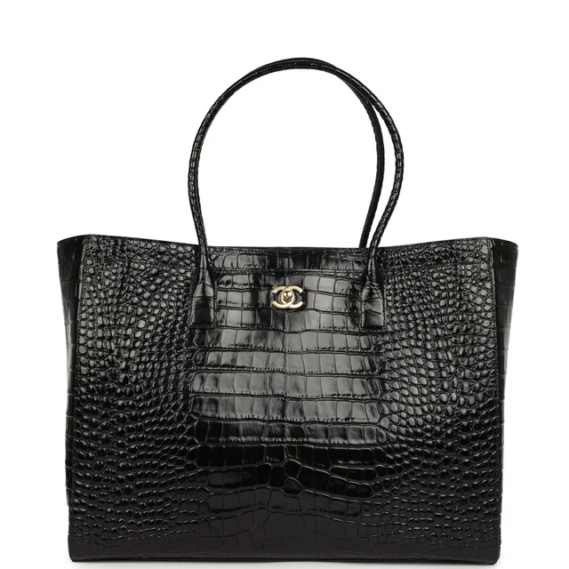 Chanel Large Cerf Shopping Bag Black Croc Embossed Calfskin Gold Hardware in Black Calfskin from Madison Avenue Couture