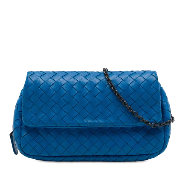 Blue Bottega Veneta Mini Nappa Intrecciato Expandable Chain Flap Crossbody in Blue Nappa leather from Designer Revival