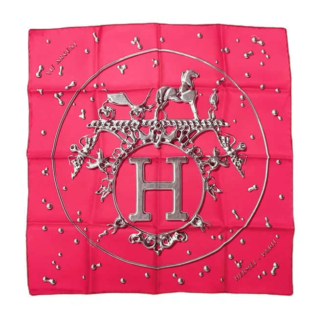 Hermès Carre 45 Vif Argent Silver Shizuku 100% Silk Pink Scarf in Pink Silk from The Reluxe