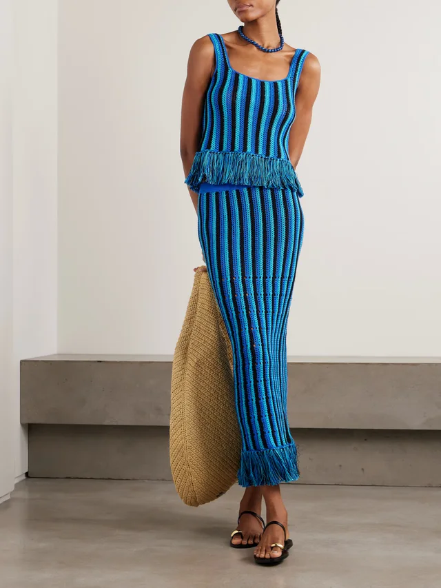ESCVDO Misti fringed striped open-knit cotton tank in Blue, photo 2 of 2 from NET-A-PORTER (Canada)