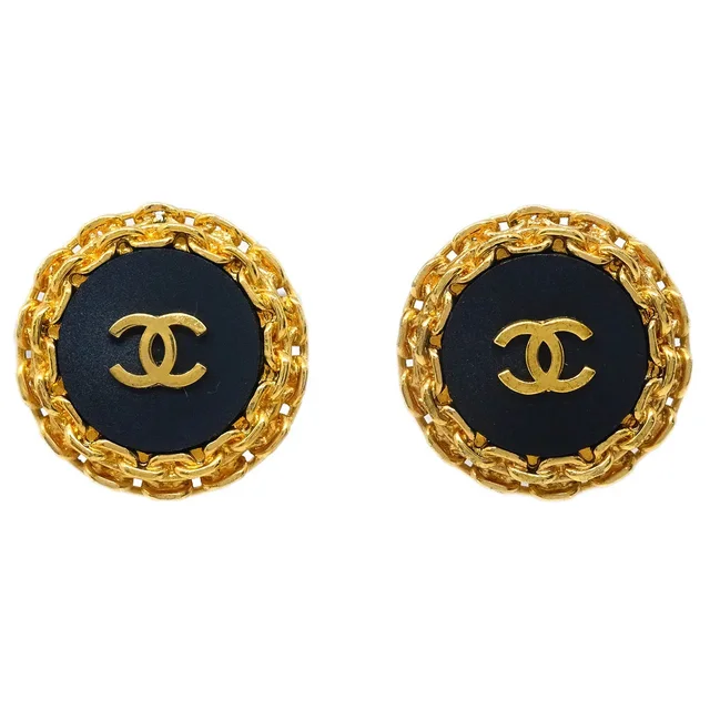 Chanel Button Earrings Clip-On Black Gold 27 in Black Resin from AMORE Vintage Tokyo