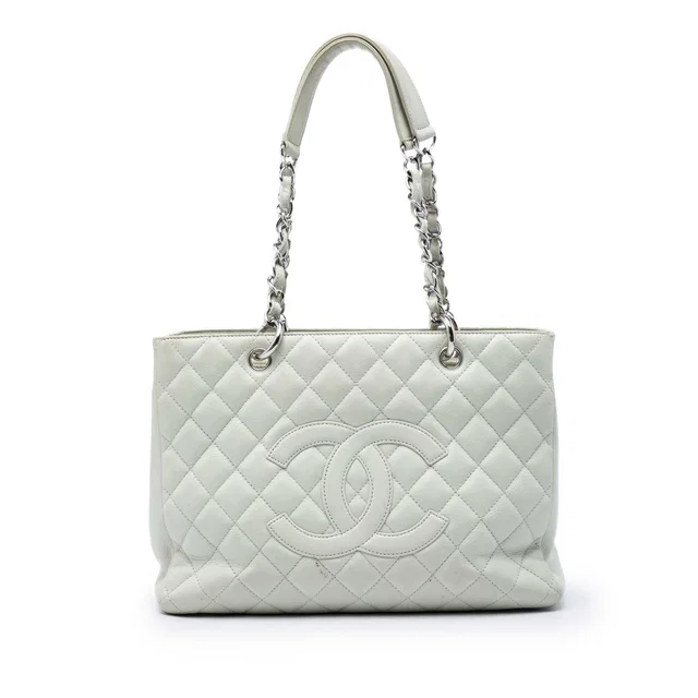 White Chanel Caviar Grand Shopping Tote in White Caviar leather from Designer Revival