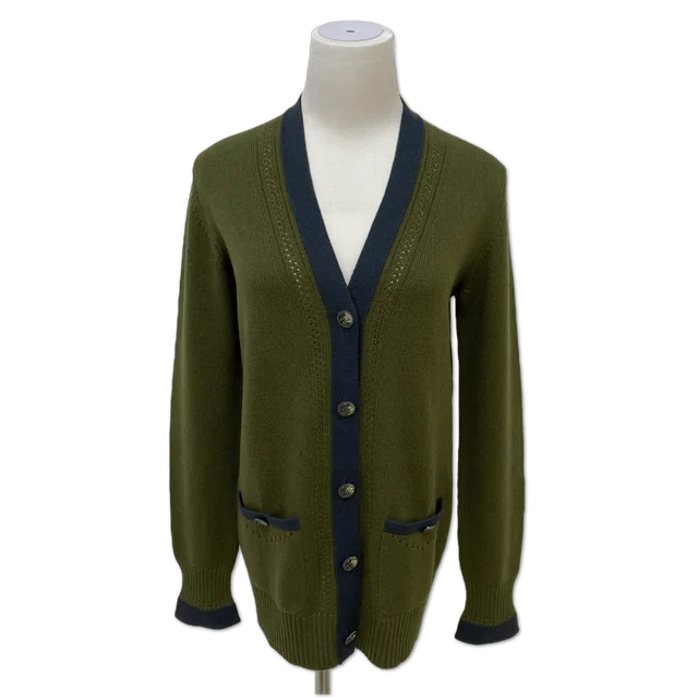 Chanel Olive Green Contrast-Trim Button-Front Cardigan size 36 in Green from Luxury Promise