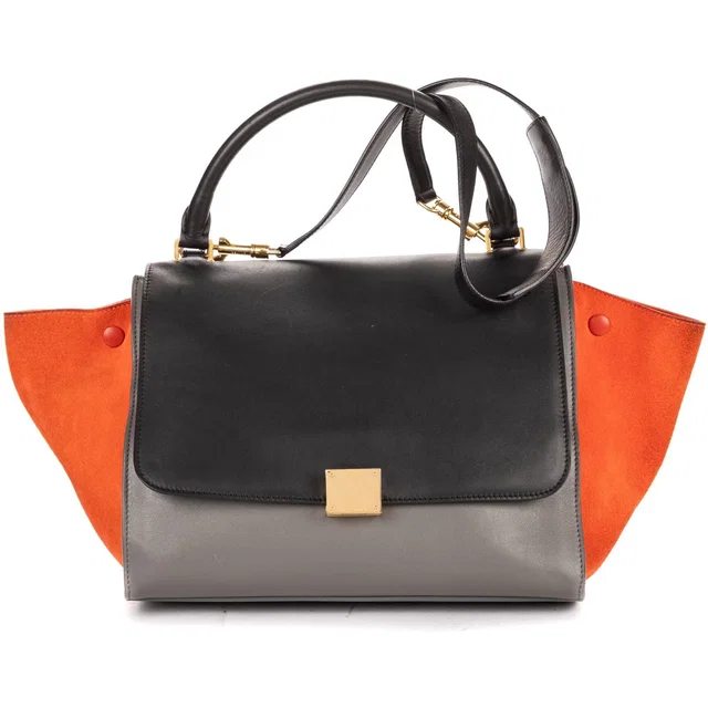 Celine Tricolor Medium Trapeze Orange Black Gray Calfskin Leather Handbag in Black Calfskin from The Reluxe