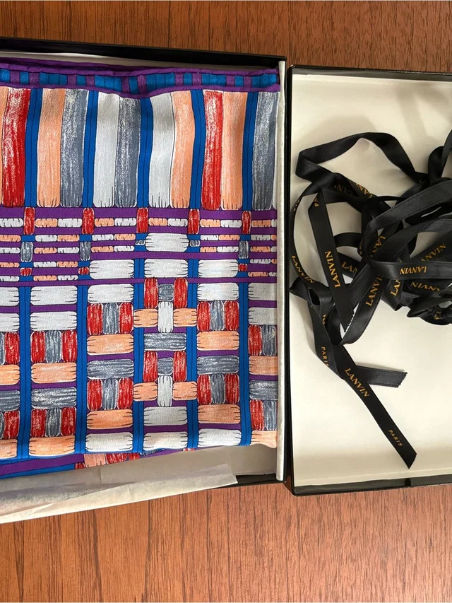 Lanvin Vintage New In Box Blue, Purple & Orange Woven Pattern Silk Scarf in blue|red Woven leather from Poshmark