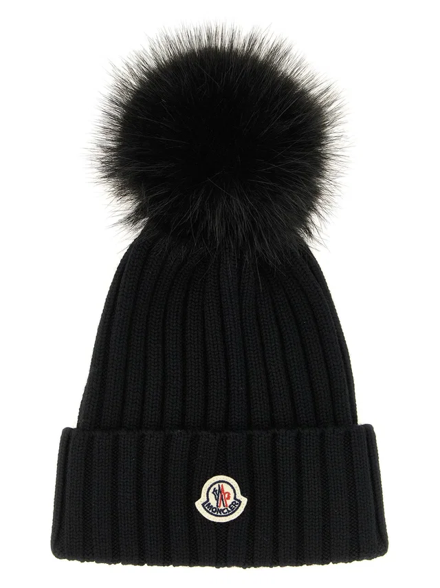 Moncler Ribbed Wool With Fur Pompom Beanie — Black Ultra-fine Merino Beanies in Black Wool from HEWI