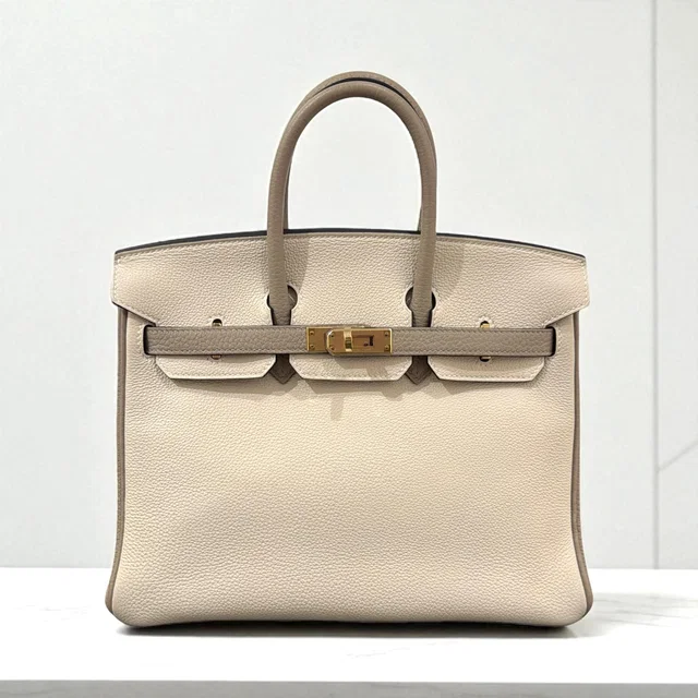 Hermès Birkin 25 HSS Craie / Gris Tourterelle Togo GHW #B - Preloved in White Togo leather from Luxury Promise