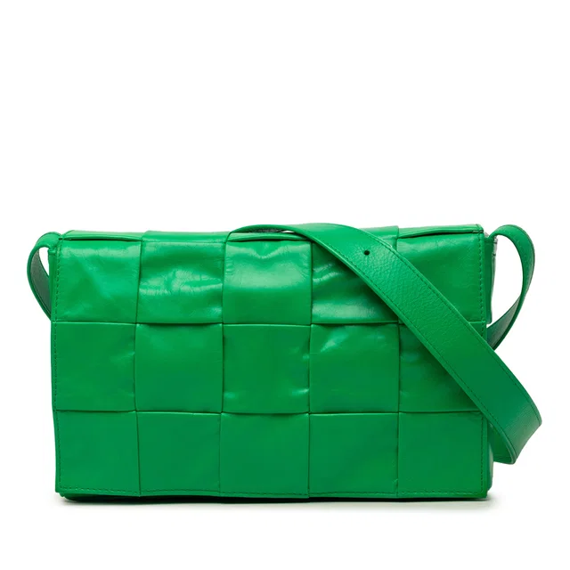 Green Bottega Veneta Small Paper Calfskin Intrecciato Cassette Crossbody in Green Calfskin from Designer Revival