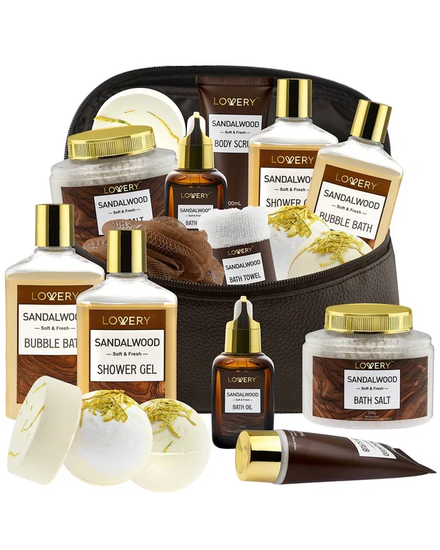 Lovery Sandalwood Mens Bath Gift Set, Spa Gift Basket with Leather Cosmetic Bag, image 1 of 1 from Rue La La