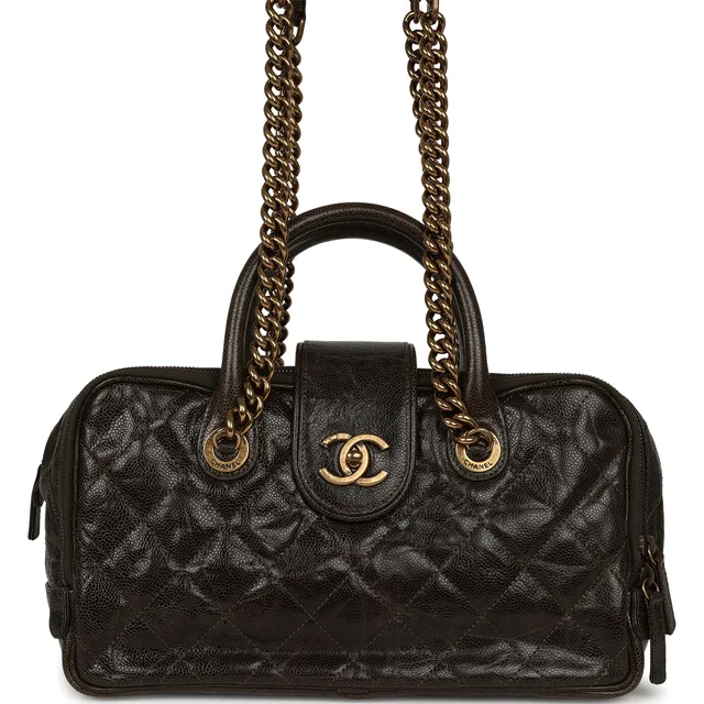 Chanel Paris-Bombay Shiva Bowling Bag Khaki Shiny Aged Crumpled Calfskin Antique Gold Hardware in Green Calfskin from Madison Avenue Couture