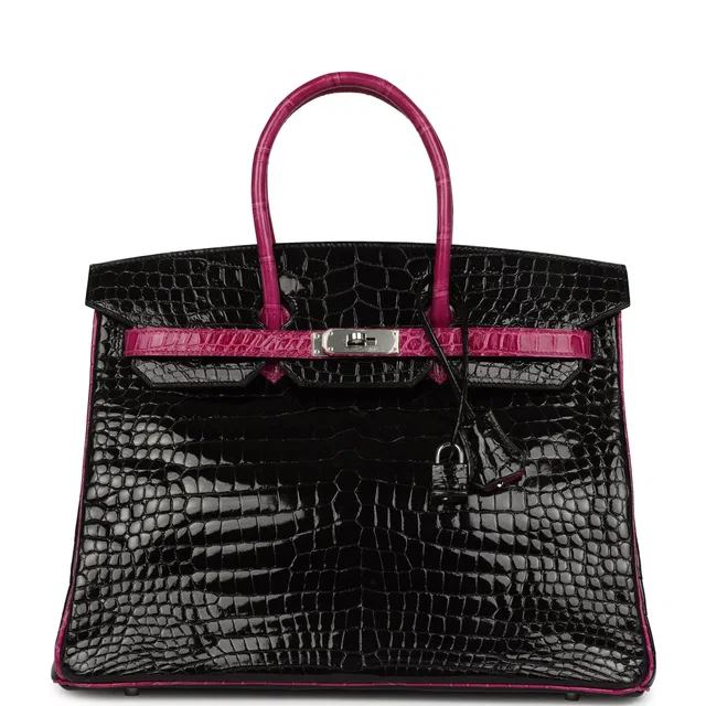 Hermès Special Order (HSS) Birkin 35 Rose Pourpre, Black Shiny Porosus Crocodile Palladium Hardware in Black Crocodile from Madison Avenue Couture