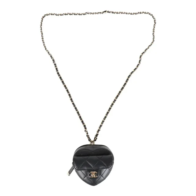 LONDON LOCATED* CHANEL MINI HEART NECKLACE Black Lambskin Leather with Champagne-Toned Metal in Black Lambskin from Luxury Promise, photo 5 of 14