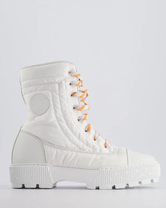 Hermès White Leather and Nylon Fresh Ankle Boots with Orange Laces Size EU 39.5 in White Nylon from Sellier