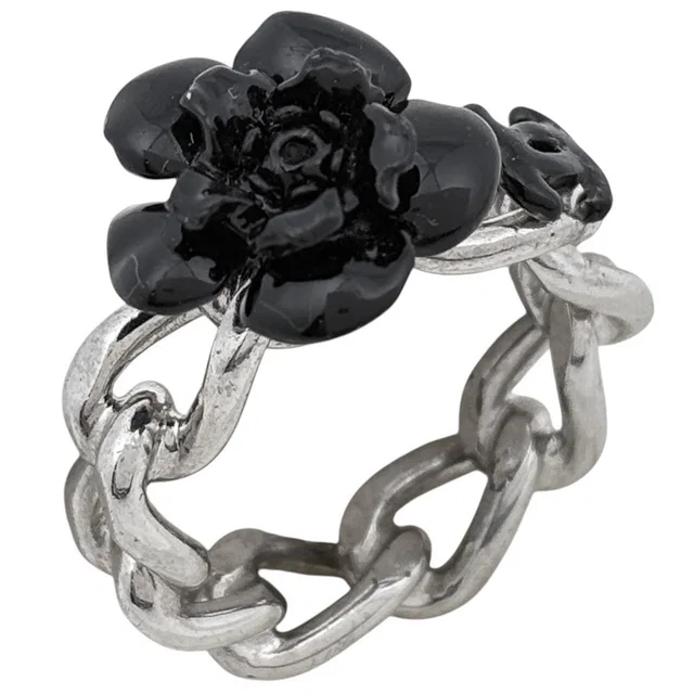 Chanel Ring CC Logo Camellia Silver Plated Black in Black from The Reluxe