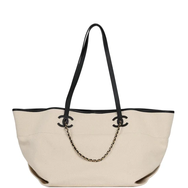 Chanel Large CC Shopping Tote Bag Ecru Canvas, Black Calfskin Gold Hardware in Black Calfskin from Madison Avenue Couture