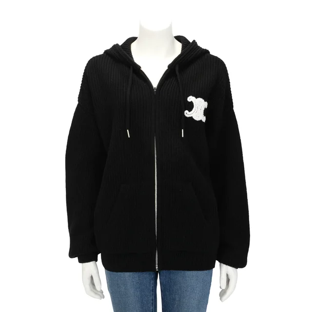 Celine Ribbed Wool Hooded Zip Jacket in Black Wool from Blue Spinach