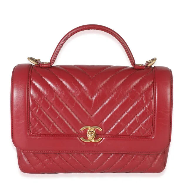Chanel Red Chevron Calfskin Top Handle Flap Bag Leather Handbag in Red Calfskin from HEWI