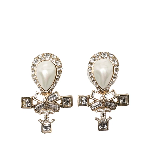 Gold Chanel CC Gold Plated Strass Faux Pearl Tear Drop Ribbon Push Back Earrings in Gold from Designer Revival