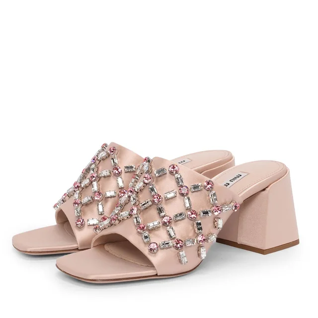 Miu Miu Crystal Embellished Mules 37 in Blush Satin from Blue Spinach
