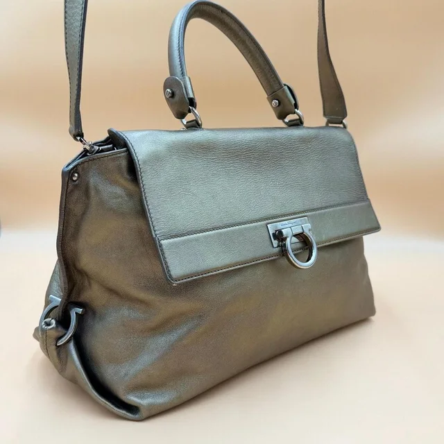 Ferragamo Women's Satchels - Green/Gold in green|gold from Depop, photo 1 of 1