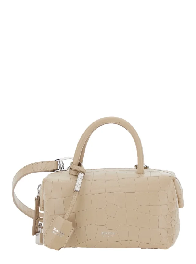 Beige 'Holdall' Small Handbag with Adjustable and Removable Shoulder Strap and Crocodile-Embossed Effect in Leather for Women in Beige, image 1 of 1 from Gaudenzi Boutique