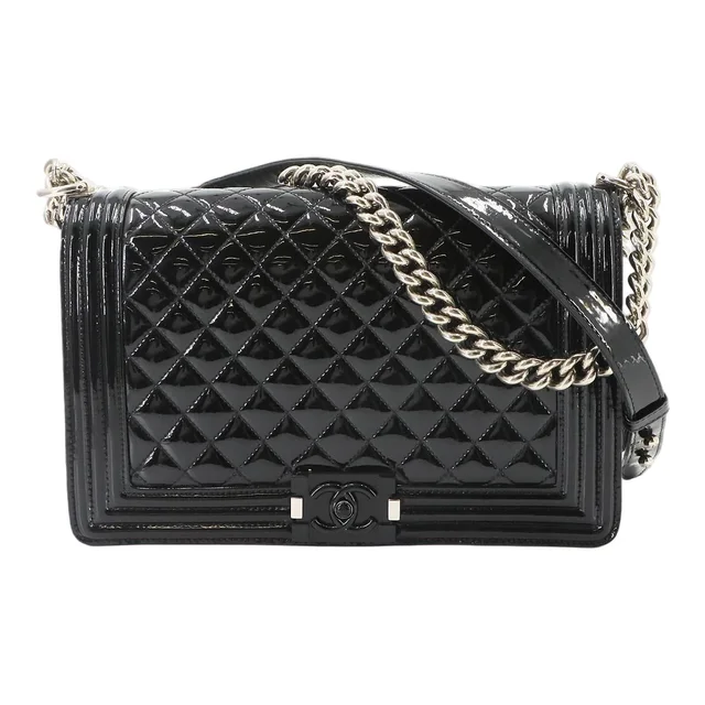 Chanel Boy Chain Shoulder Bag Patent Leather Black Silver in Black Patent leather from The Reluxe