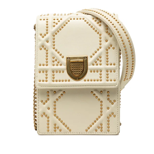 White Dior Studded Lambskin Vertical Diorama Crossbody in White Lambskin from Designer Revival