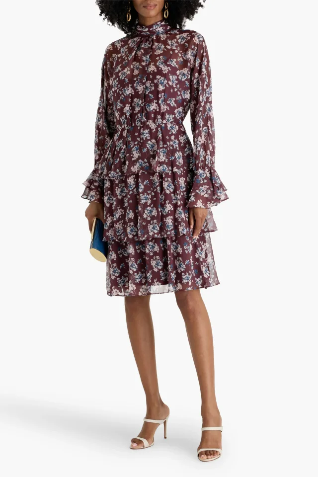 Mikael Aghal Tiered Floral-Print Georgette Dress in Red, photo 2 of 4 from THE OUTNET