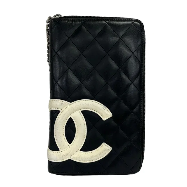 Chanel Wallet Cambon Line Black White Zip Around Lambskin in Black Lambskin from The Reluxe