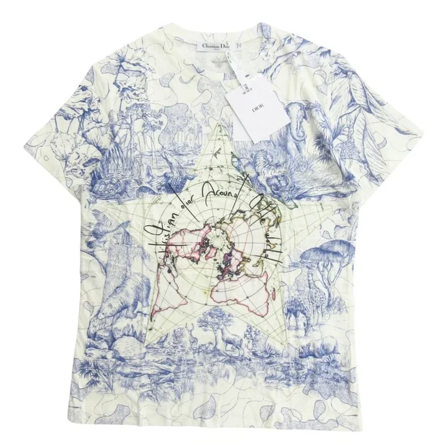 Dior Around the World T-Shirt Short Sleeve Top Bee Embroidery Logo Off White S in White from The Reluxe