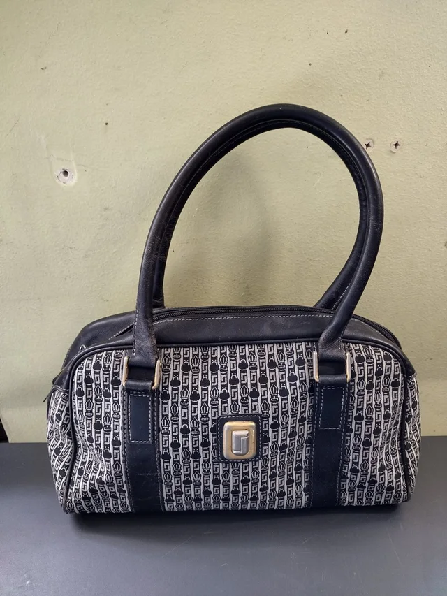 Judith Leiber Logo Pattern Satchel, Vintage in black|white Leather from Poshmark