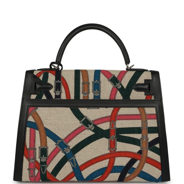 Hermès Kelly Sellier 32 Ficelle-Multicolor Toile De Camp Cavalcadour and Black Swift Palladium Hardware in Black Swift leather from Madison Avenue Couture, photo 2 of 2